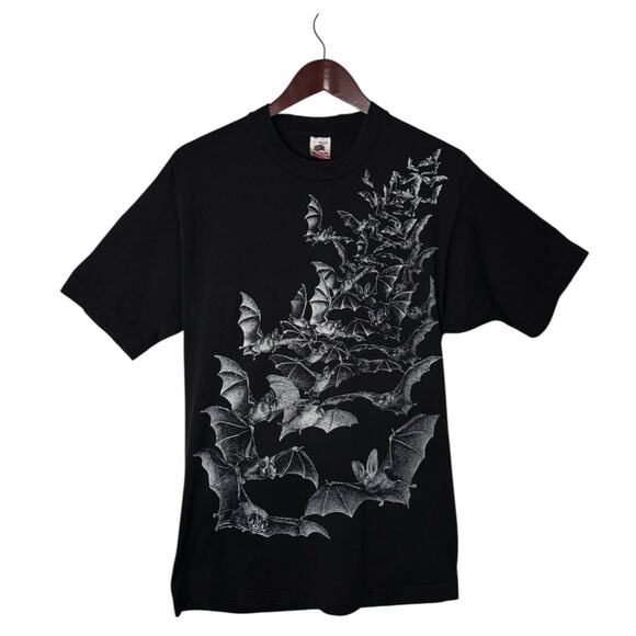 VTG 80's Flying Bats AOP Graphic T-shirt Men's Large Blk Single Stitch Made USA - Picture 1 of 9